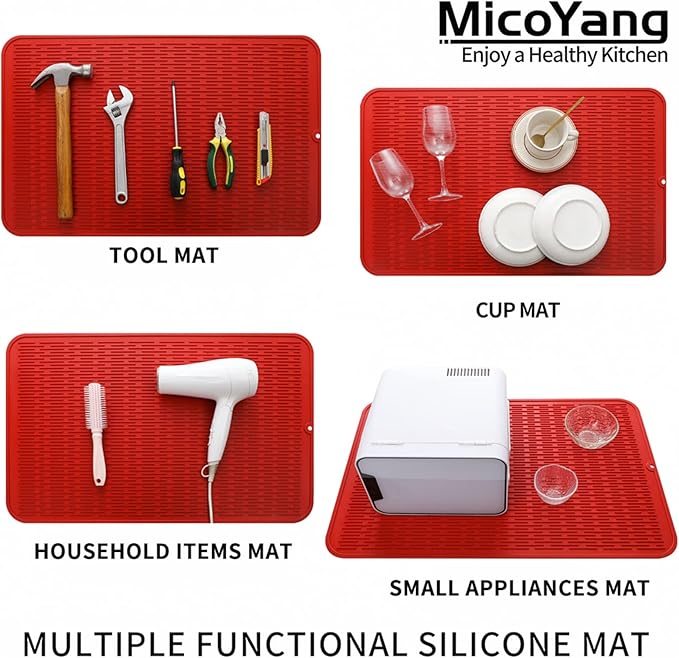 Silicone Dish Drying Mat for Multiple Usage,Easy clean,Eco-friendly,Heat-resistant Silicone Mat for Kitchen Counter or Sink,Refrigerator or Drawer Liner Red 3XL 28 inches x 18 inches - Bloomnest