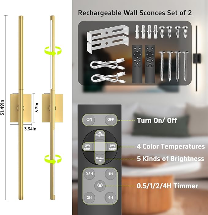 Battery Operated Wall Sconces Set of Two: Dimmable Wireless Wall Lights with Remote, 31.5inch LED Rechargeable Sconces, 360° Lighting Wall Scone Decor for TV, Mirror, Bedroom, Living Room(Gold) - Bloomnest