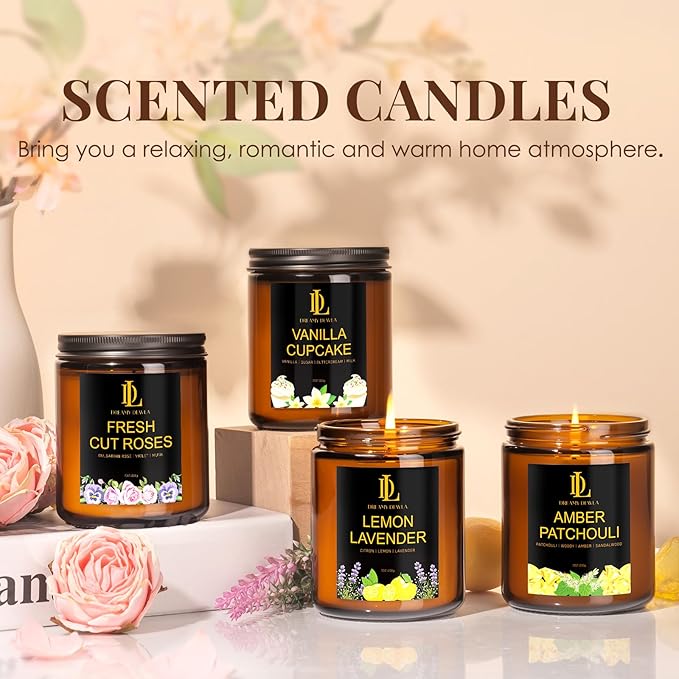 4 Pack Candles for Home Scented, 28 oz Soy Aromatherapy Candle Set, Mother's Day Candle Gifts for Women, Scents of Fresh Cut Roses/Lemon Lavender/Vanilla Cupcake/Amber Patchouli - Bloomnest
