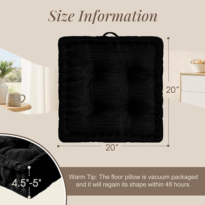 Wellsin Square Floor Pillows for Adults Kids - Meditation Floor Pillow Seating Cushion - Tufted Floor Cushion with Shredded Foam & Velvet Cover, 2 Pack, 20x20 Inch, Black - Bloomnest