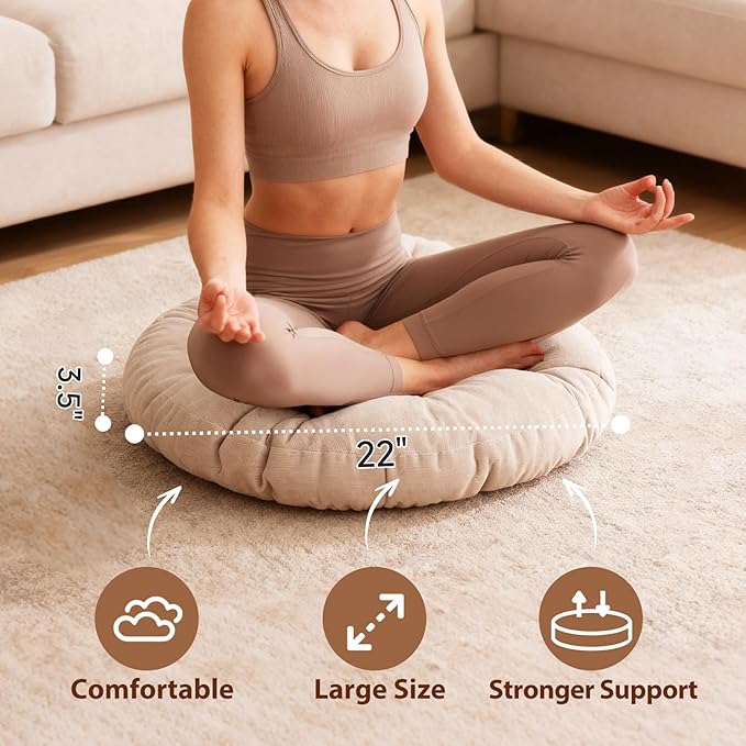 Tiita Floor Pillow Cushion, 22 inch Round Seat Cushion, Outdoor Floor Pad, Meditation Cushion for Yoga Living Room Sofa Balcony, Beige