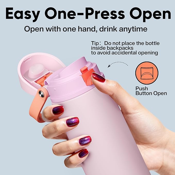 Insulated Water Bottle with Straw - Encool Stainless Steel Water Bottle with Push Button Lid, Leak-Proof & BPA-Free, Keeps Cold for 24 Hours for Sports, Travel, Gym (18 oz, Lily-Red) ENCOOL