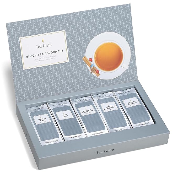 Tea Forte Black Tea Assortment Single Steeps Loose Leaf Premium Tea Gift Set Sampler, 15 Count 3 of Each Assorted Blends, Pre-Portioned Single Serve Pouches, Steeps 12 oz - Bloomnest