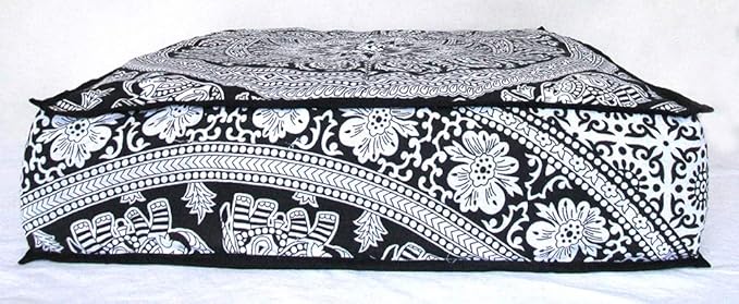 Black White Elephant Flower Mandala Mandala Barmeri Large Floor Pillow Cover Cushion Meditation Seating Ottoman Throw Cover Hippie Decorative Zipped Bohemian Pouf Ottoman Cases 24 " square - Bloomnest