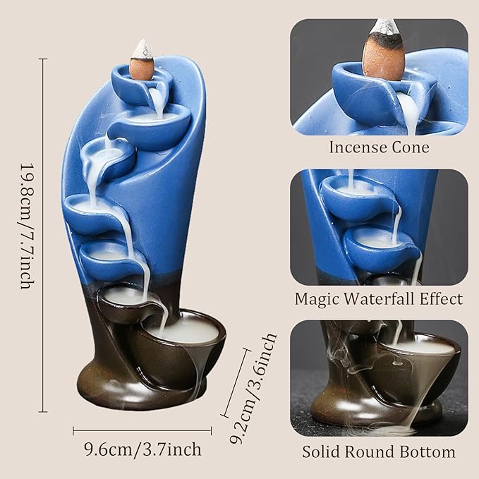 YYW Backflow Incense Burner Holder Handmade Statue Decor Fountain Waterfall Incense Holder with 20 Backflow Incense Cones 30 Incense Sticks 1 Tweezer 1 Mat for Indoor Meditation Yoga (Navy Blue) - Bloomnest