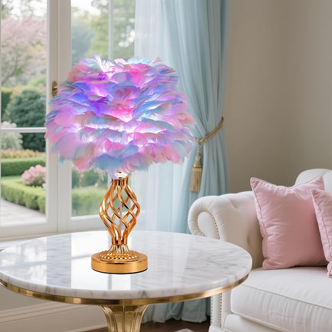 Colorful Feather Lamp Romantic Fluffy Bedside Lamp Creative Table Lamp Cute Goose Feather Nightstand Light for Girl Bedroom Living Room Hotel Office Entry Wedding - Bloomnest
