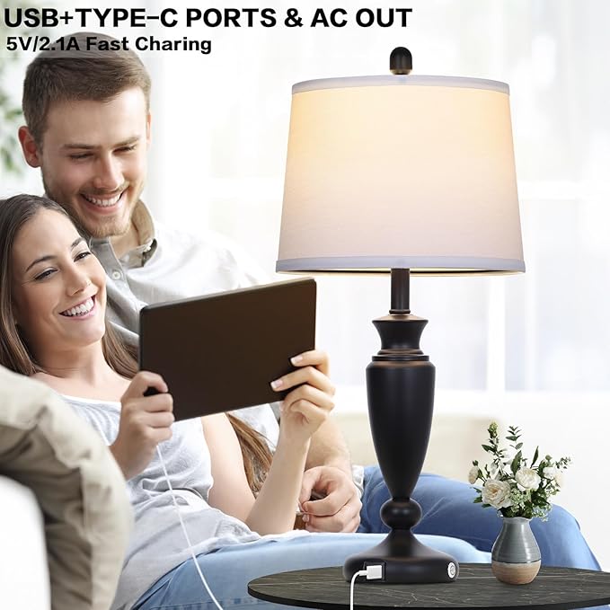27'' Black Table Lamps Set of 2, 3 Way Touch Control Living Room Lamps with USB A+C Ports, Modern Bedside Lamps, Elegant Metal Nightstand Lamps for Bedroom Office End Table Decoration - Bloomnest
