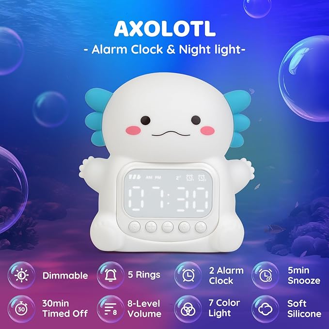 Axolotl Alarm Clock with Night Light for Kids, Rechargeable Silicone Lamp Time to Wake Clock Cute Animal Tabletop Lamp, Perfect Sleep Companion for Boys Girls, White - Bloomnest
