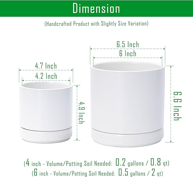 D'vine Dev 4.7 Inch & 6.5 Inch Ceramic Planter Pots for Plants with Drainage Hole and Saucer, Small Plant Pots Set, White, 94-G-S-1 - Bloomnest