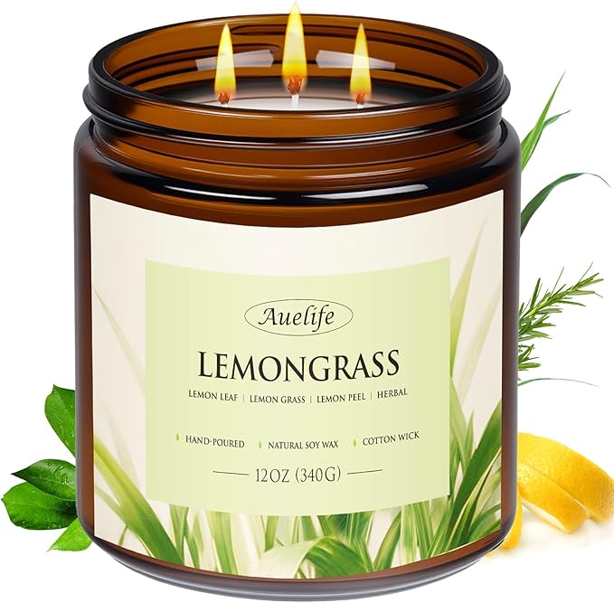 Lemongrass Scented Candle | 3-Wick Jar Candle - 12oz Natural Soy Wax - Citronella Scent for Indoor Outdoor Use, Long Lasting Aromatherapy Gifts for Fathers Day, Summer, 50+ Hour Burn - Bloomnest