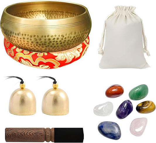 Tibetan Singing Bowl Set, Meditation Sound Bowl with Wooden Striker, Crystal Stones, Cushion, Bell for Yoga, Meditation & Relaxation, Stress Relief, Self-Regulation Yuqutum