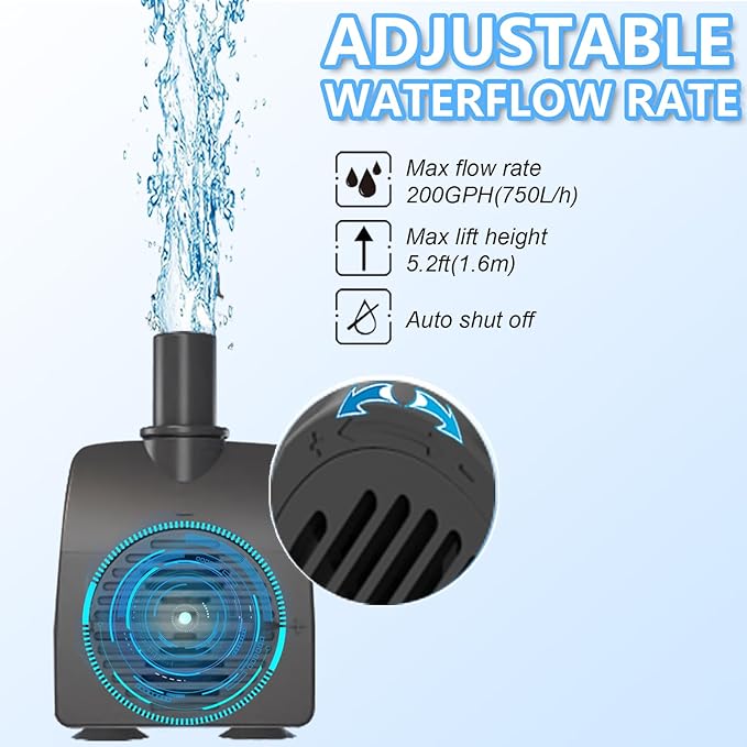 Submersible Pump 200GPH with AUTO-Shut-Off 5.2ft High Lift for Fountains, Hydroponics, Ponds, Aquariums & More - Bloomnest
