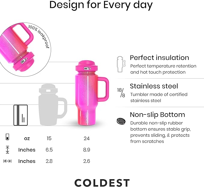 Coldest Tumbler with Handle and Coffee Lid - 100% Spill Proof Tumbler with Straw (3 Lids) - Stainless Steel Insulated Leakproof Tumblers for Women & Men - Cup Holder Friendly - 24 oz (Kissed Dream) - Bloomnest