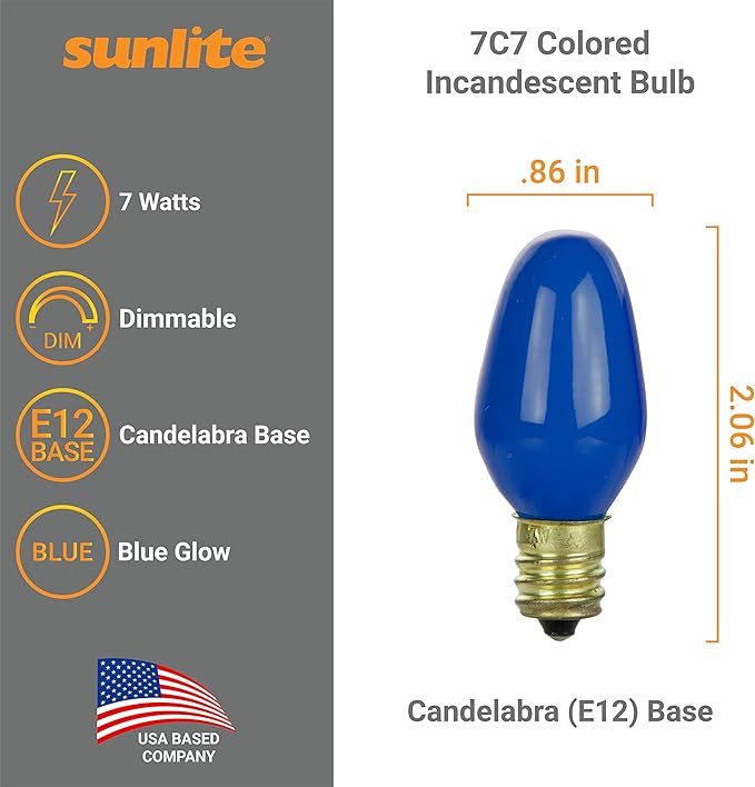 Sunlite 01053 7C7 Incandescent Bulb, 7 Watt, Candelabra E12 Base, C7 Small Night Light, Colored Bulb, Blue, 12 Count - Bloomnest