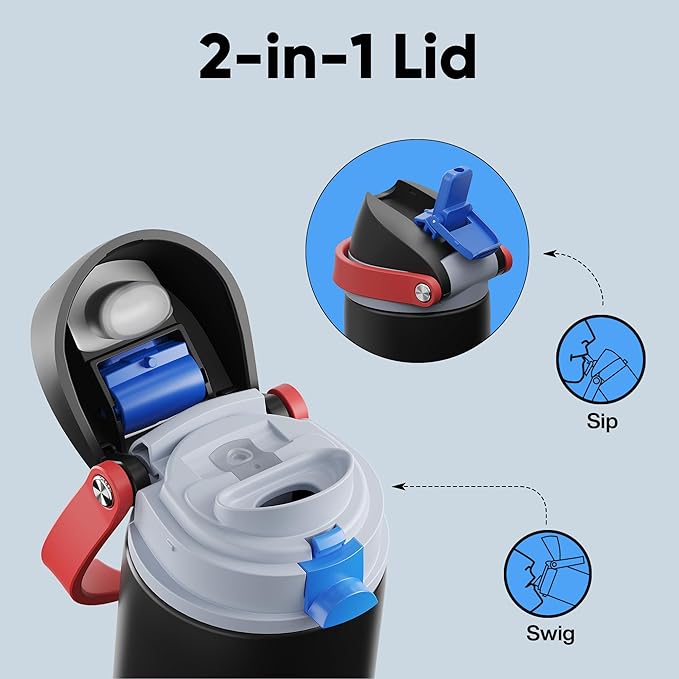 Insulated Water Bottle with Straw - Encool Stainless Steel Water Bottle with Push Button Lid, Leak-Proof & BPA-Free, Keeps Cold for 24 Hours for Sports, Travel, Gym (24 oz, Oil Black) ENCOOL