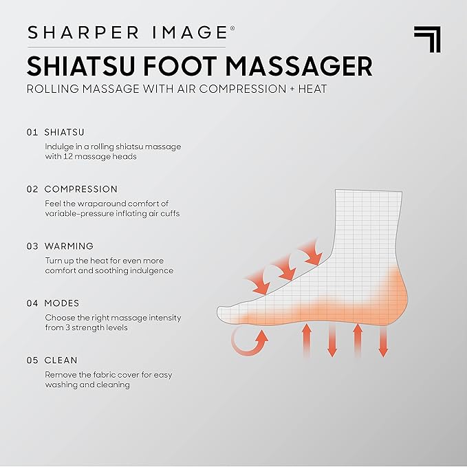 Sharper Image Shiatsu Foot Massager with Heat & Air Compression – Deep Kneading Rollers & Washable Cover| Relief for Heels, Balls, Arch| Electric Feet Massager| Masajeador| Massage Tool| Mens Size 12 - Bloomnest