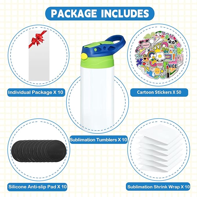6 PACK Kids Sublimation Tumblers, 12oz Blank Sippy Cups, Stainless Steel Sublimation Water Bottle Blanks for DIY Heat Press Print Crafting Gift (10pack) - Bloomnest