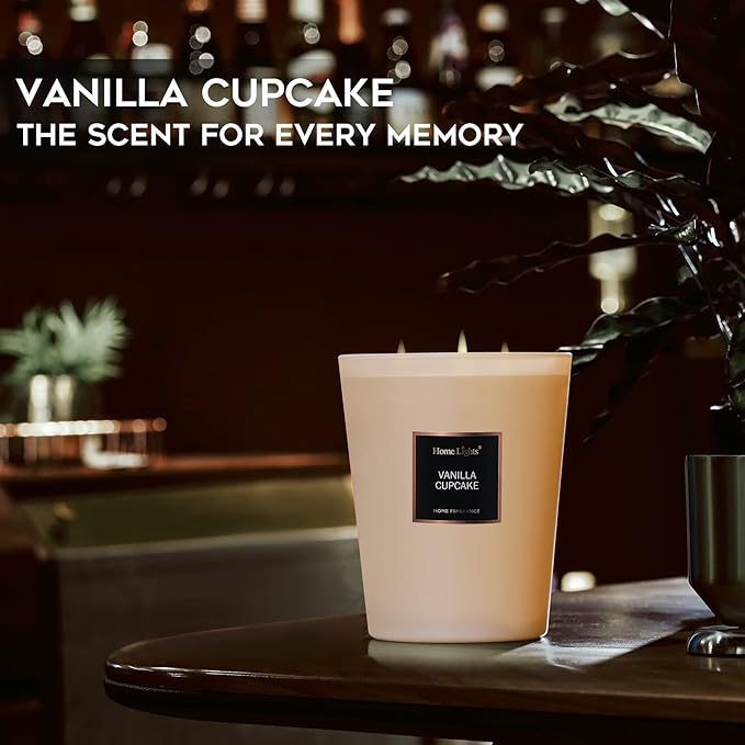 HomeLights Highly Scented Soy Candles Big 33.3 oz for Home. 3 Cotton Wicks, Smokeless Long Lasting 130 hrs in Vanilla Cupcake. 5x6, Great Gift for Women & Men - Bloomnest