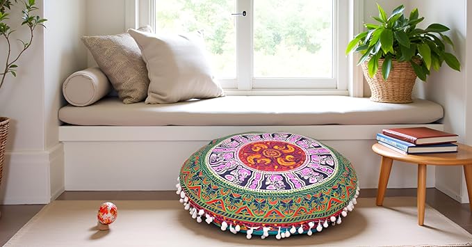 CRAFT KALA 22" Bohemian Floor Pillow Pouf Cover Mandala Boho Large Round Meditation Room Pillow Covers for Adults Seating Poufs Cushion Cover for Kids Playroom Multi 6 Color - Bloomnest
