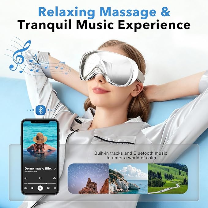 Eye Massager with Heat and Cooling for Migraines – 14 Massage Nodes for Eye Strain Relief, Rechargeable Bluetooth Music, Improve Sleep,Eye Strain Relief, Birthday Gifts for Women and Men(sliver) Bloomnest
