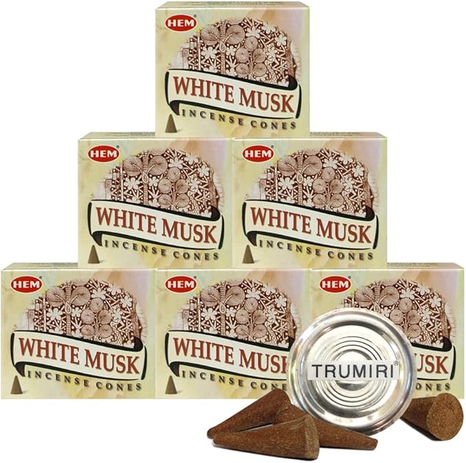 TRUMIRI Incense Cone Holder Bundle with Hem White Musk Incense Cones - Pack of 6 (Approx 60 Cones) TRUMIRI
