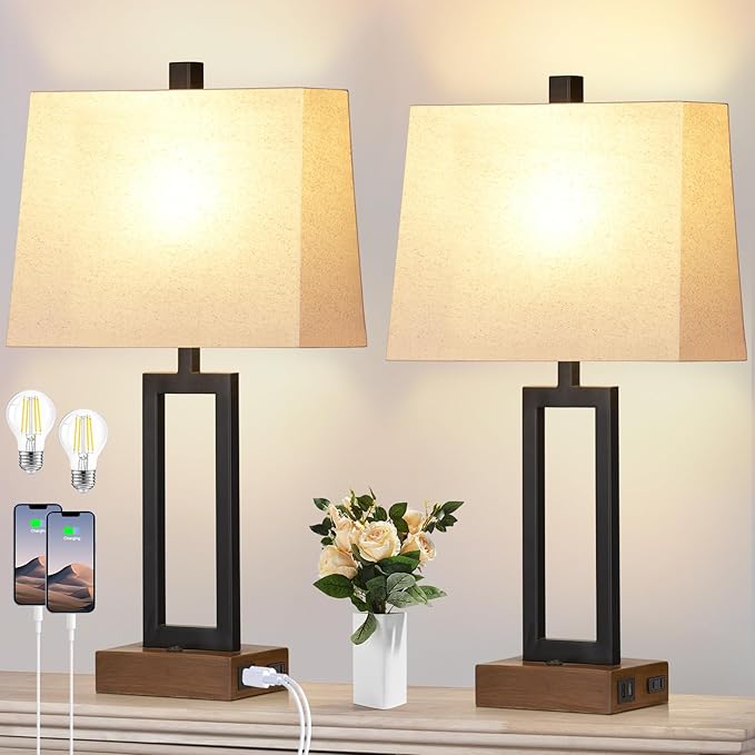 23.5" Table Lamps Set of 2, Modern Black Bedside Lamps with 2 USB Ports & AC Outlet, Contemporary Nightstand Lamps with Wood Base for Bedroom Living Room(LED Bulb Included) - Bloomnest