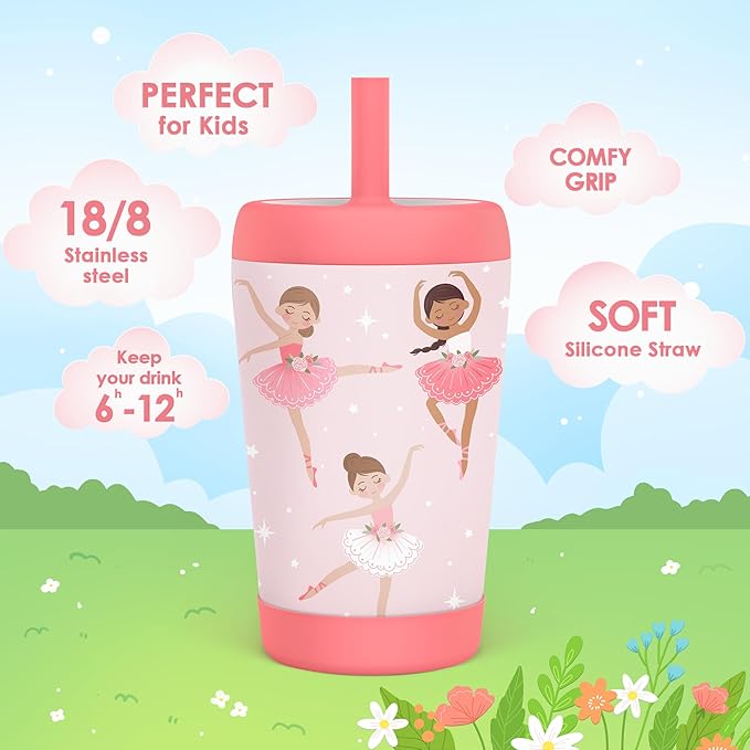 Kid Insulated Stainless Steel Tumbler with Silicone Straw, 12oz Sippy Cup for Kids (Pink Ballerina) - Bloomnest