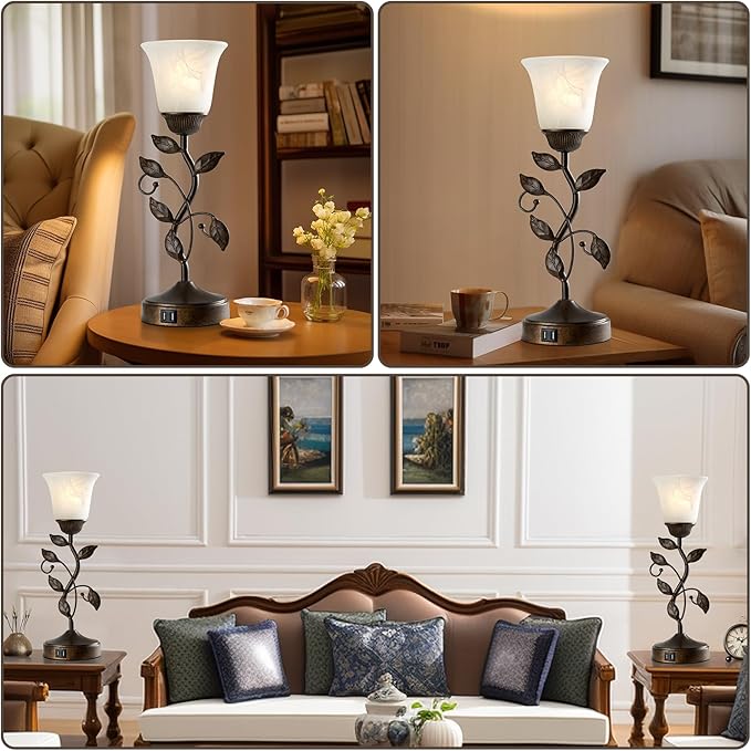 RORIANO Touch Bedside Table Lamp, Vintage Nightstand Lamp with 2 USB Ports for Living Room, 3 Way Dimmable Leaf Lamp Retro Table Lamp for Bedroom with White Glass Shade, LED Bulb Included - Bloomnest