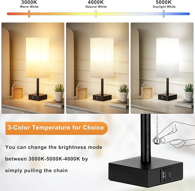Bedside Table Lamps Set of 2 - Small White Bedroom Lamps with 3 Color Temperatures (3000K/5000K/4000K), Square Nightstand Lamp with USB C + A Charging Ports, Pull Chain Night Light - Bloomnest