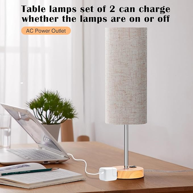 ZJOJO Table Lamp for Bedroom 2 Pack,18in Bedside Lamps with 3 Way Dimmable Rocker Switch & AC Outlet,Nightstand Desk Lamp with Flaxen Fabric Shade Woodgrain Base for Living Room Home Decor Lights - Bloomnest