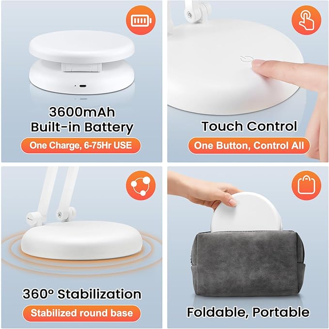One Fire Cordless Desk Lamp,Dimmable Small Battery Powered Lights,3600mAh Rechargeable Wireless Table Lamp,Mini Lamp&Portable Light for Bed,Book Reading,Home for Small Spaces,Nail Light,Craft,Office - Bloomnest