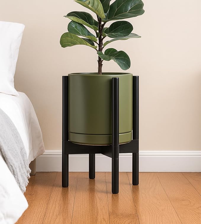 D'vine Dev Ceramic Planter with Ebony Stand - 10 Inch Modern Round Flower Pot with Wood Planter Holder, Olive, 55-B-L-J - Bloomnest