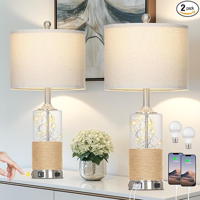 25" Boho Table Lamps Set of 2, Coastal Glass Bedside Lamps with USB A+C Ports and AC Outlet, Rattan Lamp with Night Light for Nightstand Living Room Bedroom, 2 LED Bulbs Included, Silver - Bloomnest