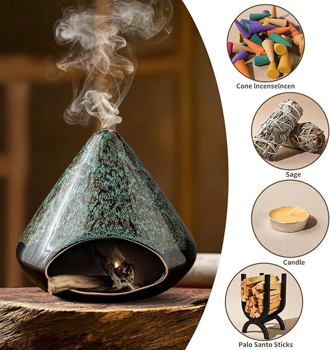 Handcrafted Ceramic Palo Santo Holder – Artistic Incense Burner for Meditation, Viridis Mindfulness & Zen Home Decor – Wabi-Sabi Style Cone Sculpture, Gift for Yoga, Relaxation & Aromatherapy OLACHIKKO