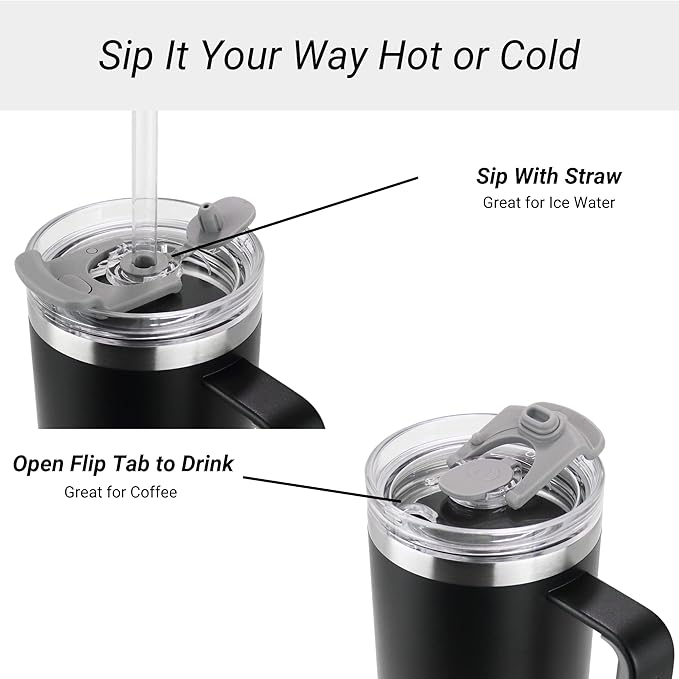 Drinco 40oz 30 oz Tumbler with Handle, Straw Lid, Insulated Stainless Steel Travel Mug Water Bottle Ice Coffee Cup For Cold and Hot, BigSur (30oz Black) - Bloomnest