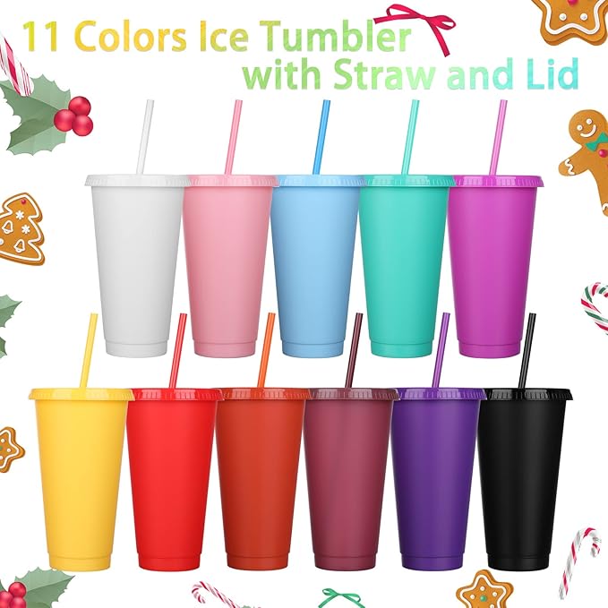 Honeydak 15 Pack Tumbler with Straw and Lid Bulk Water Bottle Iced Coffee Travel Mug Cup Reusable Plastic Cups for Party Birthdays 24-27 oz (Solid Color) - Bloomnest