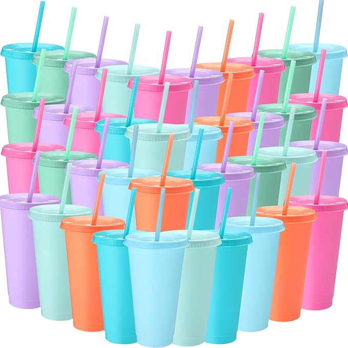 Honeydak 60 Pack Tumbler with Straw and Lid Bulk Water Bottle Iced Coffee Travel Mug Cup Reusable Plastic Cups for Party Birthdays 24-27 oz (Macaron Color) - Bloomnest