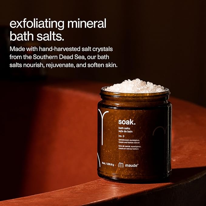 Maude Soak No. 3 - Nourishing Mineral Bath Salts - Hand-Harvested Dead Sea Salt with Magnesium & Potassium Chloride - Soften & Rejuvenate Skin - Notes of Sandalwood & Eucalyptus (8 oz) - Bloomnest