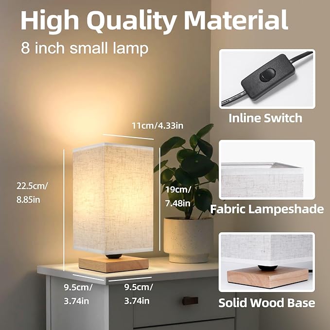 Small Square Bedside Table Lamp for Bedroom, Minimalist Wood Base & Round Fabric Shade, Mini Cute Cozy Warm Nightstand Boho Lamp, Study Desk Night Stand Light for Room, Dorm, Nursery, Living Room - Bloomnest