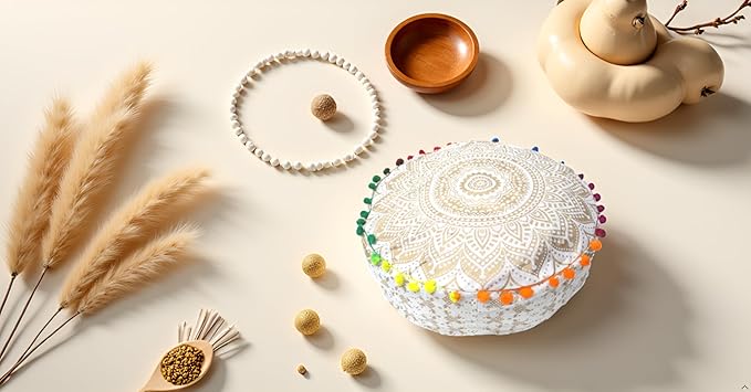 INDIAN CRAFT CASTLE ICC Mandala Barmeri Large Floor Pillow Cover Cushion Meditation Seating Ottoman Throw Cover Hippie Decorative Zipped Bohemian Pouf Ottoman Cases White Gold, 24" Round - Bloomnest