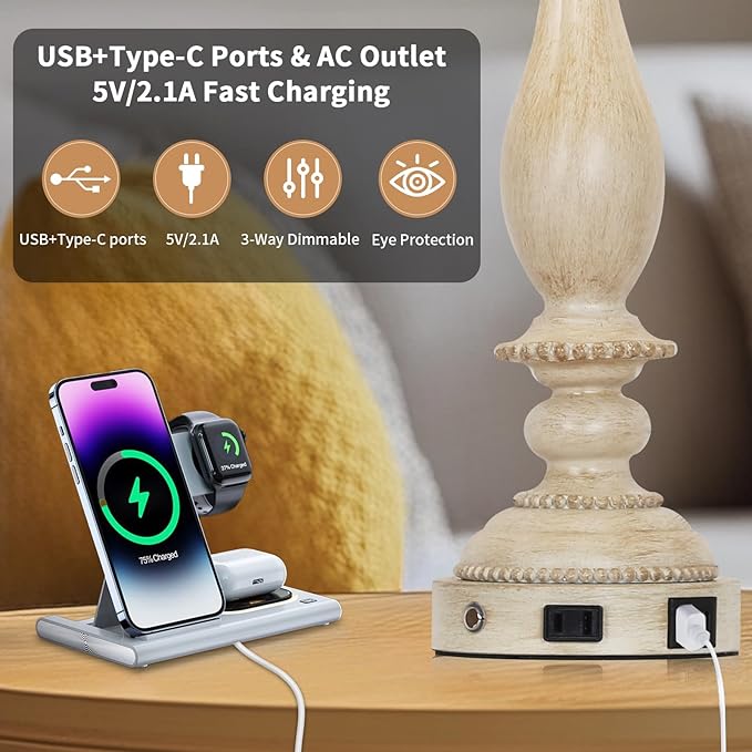 28" Tall Farmhouse Table Lamps for Living Room Set of 2,Vintage Rustic Beige Bedside Touch Lamp with USB C+A Ports & AC Outlet, 3-Way Dimmable Resin Nightstand Lamp for Bedroom Entryway Office - Bloomnest