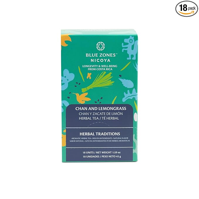 Blue Zones Nicoya - Chan & Lemon Grass Flavored Tea Bags - 100% Natural, Organic, and Refreshing - High Micronutrients - Gluten, Caffeine, Sugar-Free - Pack of 18 (1.59 oz/ 45 g) - Bloomnest