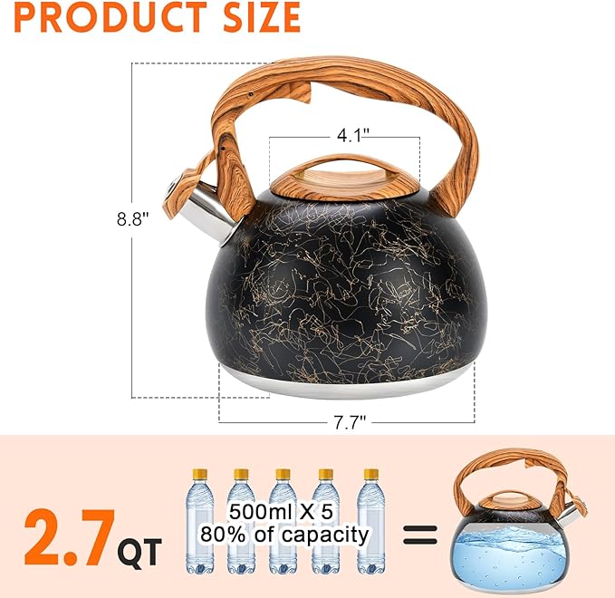 GGC Tea Kettle for Stove Top, Loud Whistling Kettle for Boiling Water Coffee or Milk, 3.1 Quart Stainless Steel Art Line Black Kettle with Wood Pattern Handle, Unique Button Control Kettle Outlet - Bloomnest