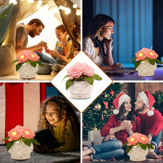 Roses Flower Touch Lamp,Rechargeable Cordless 3-Colour Dimming Small Night Light for Festival,Dining Room,Bedroom Home Decor Birthday Gifts-6 Rose - Bloomnest