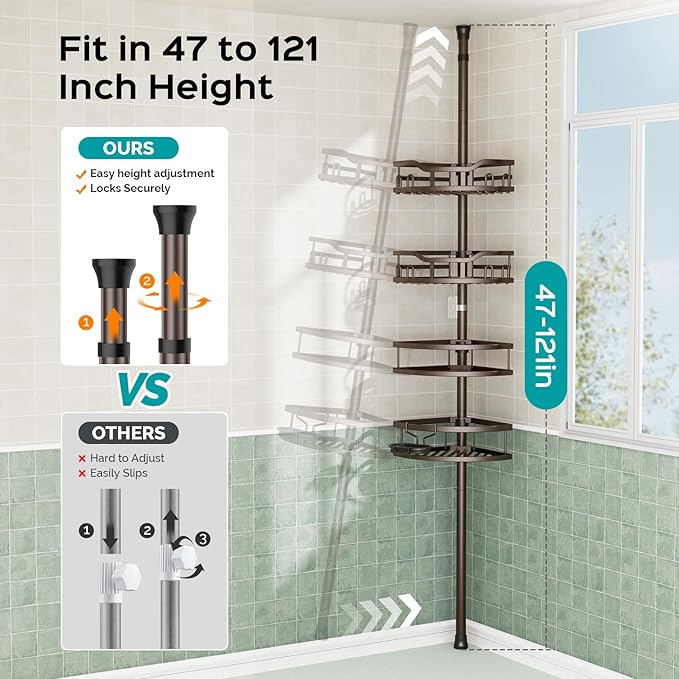 HAMITOR Corner Shower Caddy Tension Pole: Rustproof Stable 4-Tier Bathroom Organizer Shelves for Bathtub Shampoo Storage - 47-121 Inch Quick Install Adjustable Standing Rack with Soap Rack - Bronze - Bloomnest