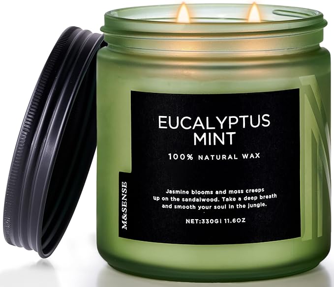 M&SENSE Eucalyptus & Mint Soy Candles for Home Scented, 11.6oz 70 Hour Burn Aromatherapy Candle Gift for Stress Relief, Meditation, Yoga, Relaxing SPA, Reusable Jar for Men and Women - Bloomnest