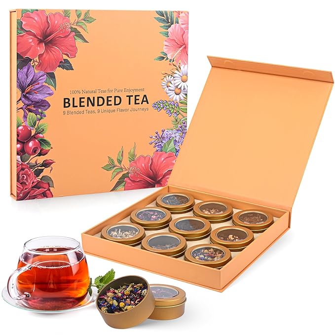 Tea Gift Set, 9 Assorted Herbal Tea, Travel Edition Gift Box for Family, Friends and Lover, Gluten Free, Non GMO