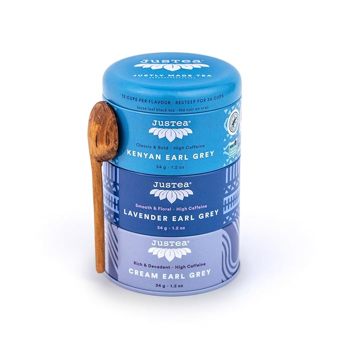 JusTea EARL GREY TEA TRIO | Stacking Tins Variety Pack with Hand Carved Tea Spoon | Loose Leaf Tea | High Caffeine | Fair Trade | Non-GMO - Bloomnest