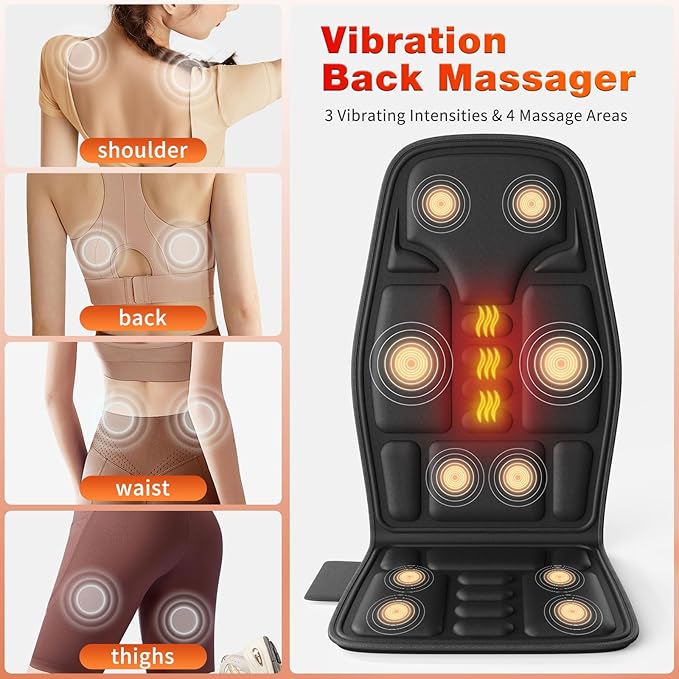 Back Massager with Heat for Pain Relief, Back Massage Chair Pad, Full Body Massage, Deep Tissue Vibration Massager with 2 Adapters, Office and Recliner - Bloomnest