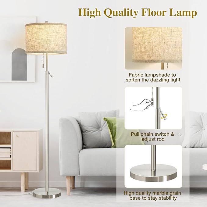 GyroVu Silver Floor Lamp, Height Adjustable Standing Lamp Tall Lamp with Fabric Lampshade&Pull Chain Corner Floor Lamps for Living Room, Bedroom & Office Bulbs Not Included(Silver) - Bloomnest